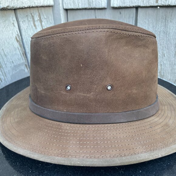 x2 Henschel Leather Fedora Hat Lot of 2 Vtg Brown and Cream Medium Made USA - Picture 3 of 16